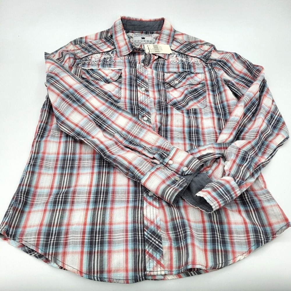 POP ICON CLOTHING Mens Western Pearl Snap Shirt XL Plaid Red Blue Embroidered